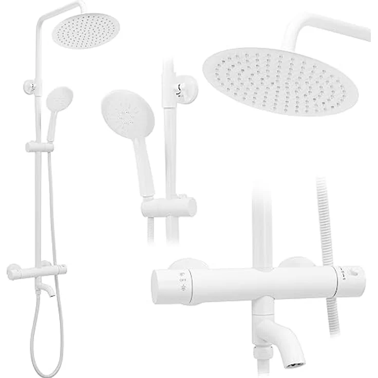 Rea Lungo White Thermostat Duschsystem, Duschset mit 25x25 cm Regendusche, Messing Duscharmatur, 150 cm Schlauch für Badezimmer – Bild 1