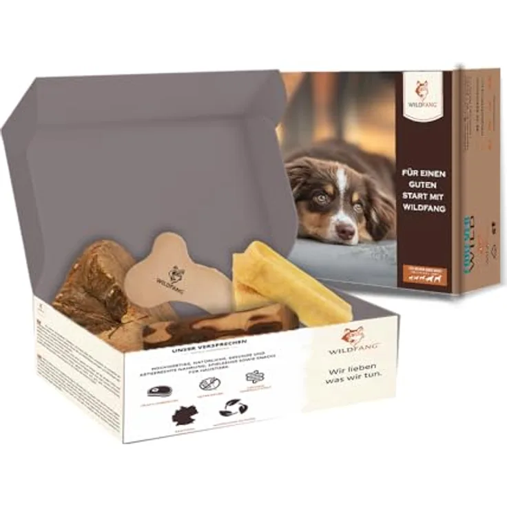 Wildfang Willkommen Jungspund Paket, Starterset für Welpen mit Kauwurzel, Lederknochen, Kaustab aus Olivenholz und Hartkäse-Probierset (S für kleine Hunde)