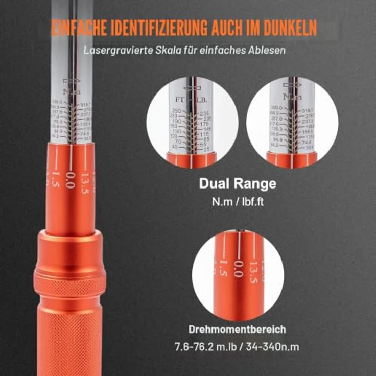 VEVOR Drehmomentschlüssel 1/2 Zoll, mechanisch mit Drehmomentbereich 25-250 ft-lbs, präzise Kalibrierung, robuster Chrom-Vanadium-Stahl – Bild 4