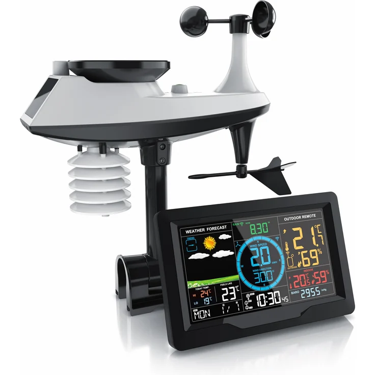 Brandson Funkwetterstation, Wetterstation mit 5 in 1 Aussensensor, Schwarz, 18 cm Farb-LED Display, DCF-Zeitanzeige, Wettervorhersage