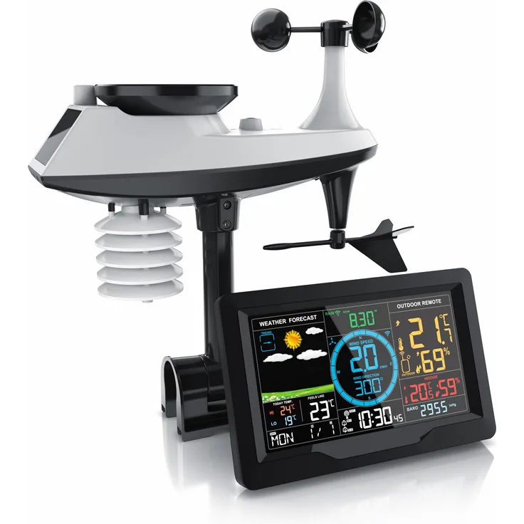 Brandson Funkwetterstation, Wetterstation mit 5 in 1 Aussensensor, Schwarz, 18 cm Farb-LED Display, DCF-Zeitanzeige, Wettervorhersage