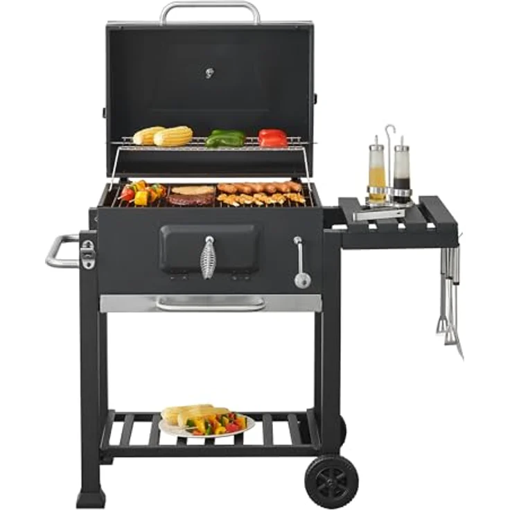 casa.pro Grillwagen Arnad Holzkohlegrill mit Deckel BBQ Kohlegrill mit Grillrosten Gartengrill 2 Räder Deckelthermometer aufklappbare Ablagen 105x114x47,5cm Schwarz – Bild 3