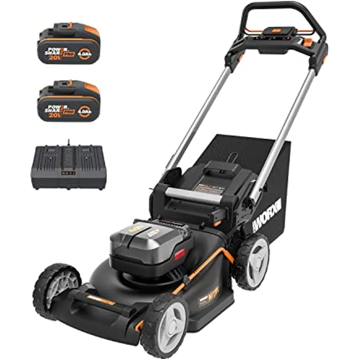 WORX WG749E Akku Rasenmäher 40V (2x20V) PowerShare, Radantrieb, Kraftvoller Bürstenloser Motor, 46cm Schnittbreite, 7 Schnitthöhen inkl. Akku und Ladegerät, Schwarz