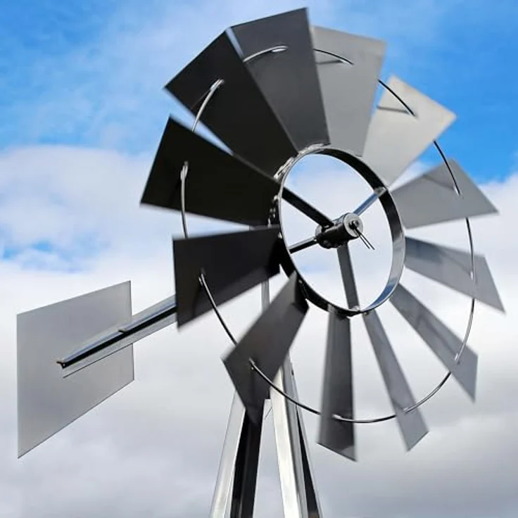 Wiltec Windrad mit 245 cm Höhe, Windmühle in Silberfarben, Gartendeko mit kugelgelagertem Texasrad, Rankhilfe für Garten – Bild 2