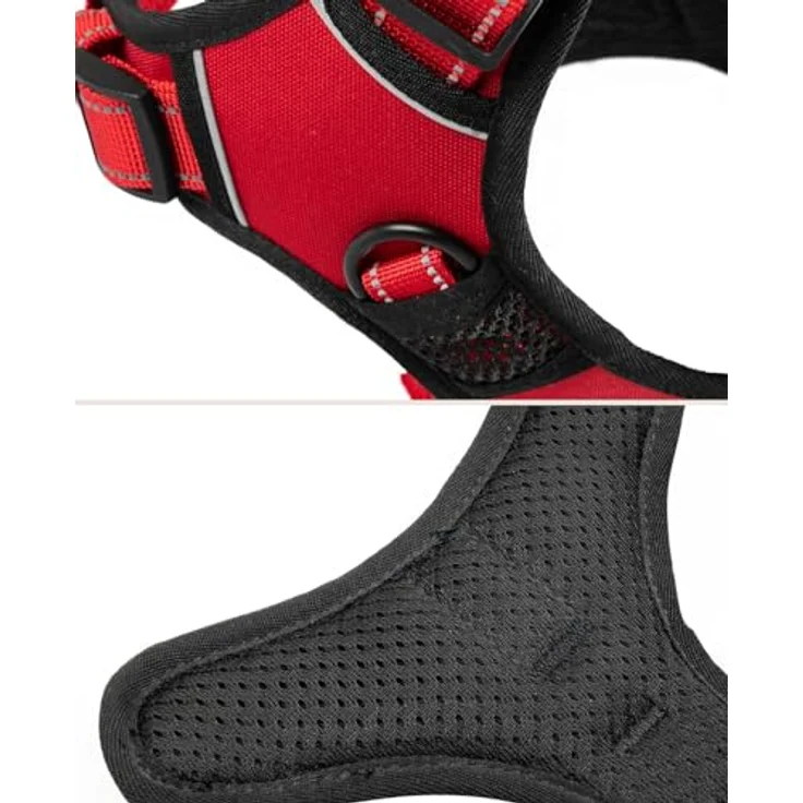 lionto Hundegeschirr M, gepolstert aus weichem Nylon, reflektierendes Anti-Zug Geschirr mit 2 Ringen, 4 Einstellgurten, 2 Klickverschlüssen und gummiertem Griff, rot – Bild 5