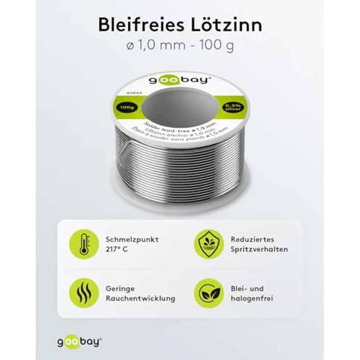 Goobay Lötzinn bleifrei, ø 1,0 mm, 100 g - Zusammensetzung: 0,3 % Silber, 0,7 % Kupfer, 96,5 % Zinn, Flußmittelanteil: 2,5 %, Schmelzpunkt 217° C – Bild 3