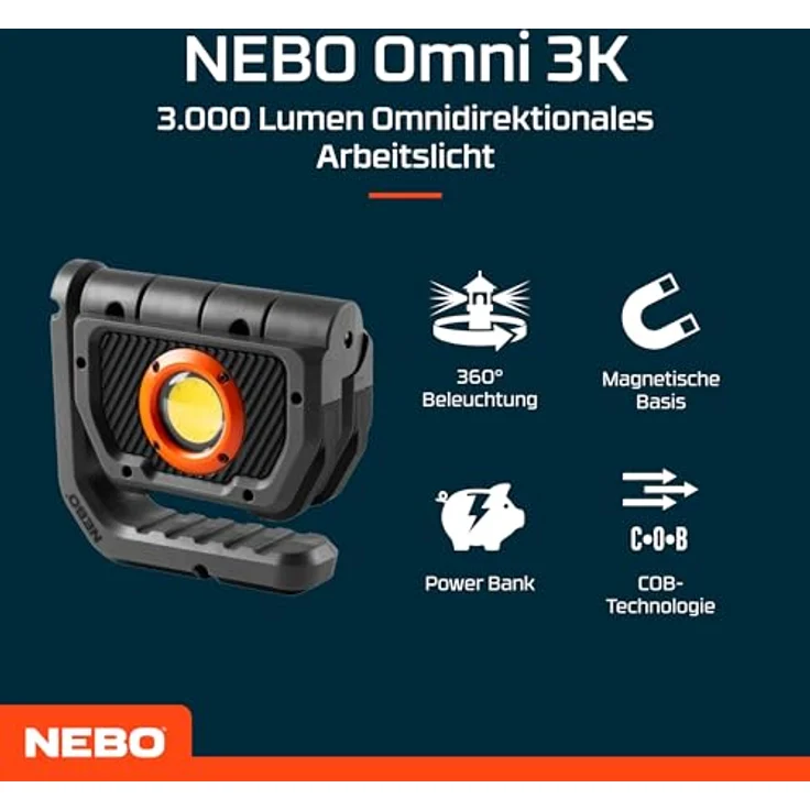 NEBO Omni 3K, Arbeitsleuchte für Handwerker mit doppeltem COB-Ausgang, stoßfest und wasserfest, tragbare, aufladbare USB-C Taschenlampe mit drehbarem magnetischem Handgriff und Dimmer-Funktion – Bild 2