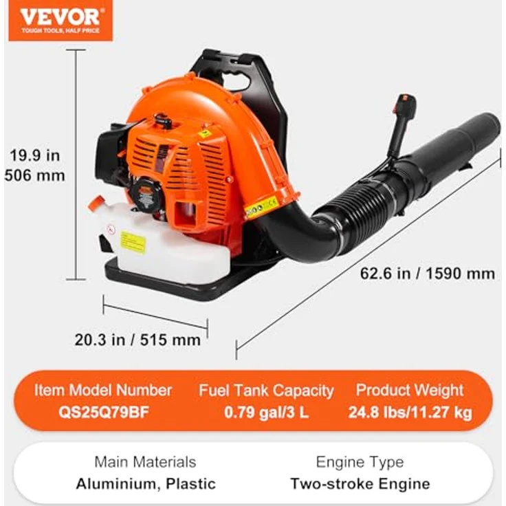 VEVOR Rucksack-Laubbläser, 79 CC 2-Takt Benzin, 930 CFM Luftvolumen, 184 MPH Geschwindigkeit, 3-Liter-Kraftstofftank, ideal für Rasenpflege und Laubreinigung – Bild 7
