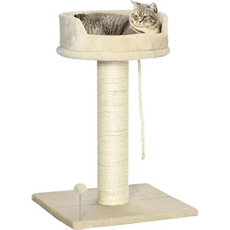 PawHut Kratzbaum klein, 85 cm Katzenbaum, Katzenkratzbaum mit Liegefläche, Plüsch-Kletterbaum mit Spielball, Katzenmöbel, für Katzen unter 6 kg, Sisal, Beige