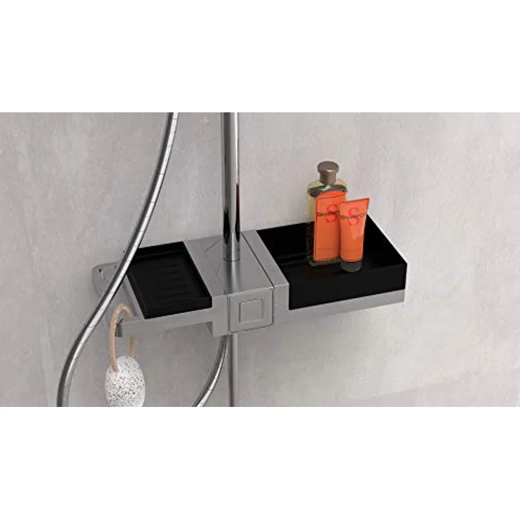 Schütte BLUEPERL Duschsystem ohne Armatur mit Ablage, Komplett Dusch-Set (Regendusche mit Wandhalterung, Duschsäule, 22,5 x 22,5cm Duschkopf und Brauseschlauch) 60566, Chrom/Schwarz – Bild 3