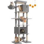 Feandrea Kratzbaum groß, Katzenbaum XXL, mehrstöckiger Katzenkratzbaum, 201 cm hoch, mit Einer Plattform, Einer Liegemulde, 2 Katzenhöhlen, 2 Hängematten, Kippschutz, hellgrau