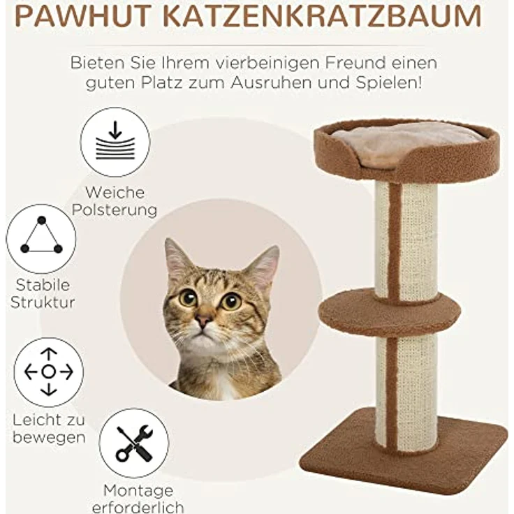 PawHut Katzenbaum Kratzbaum Katzenkratzbaum Spielbaum Kratzstamm mit Plattform Sisal Plüsch Hellbraun 45 x 45 x 91 cm – Bild 4