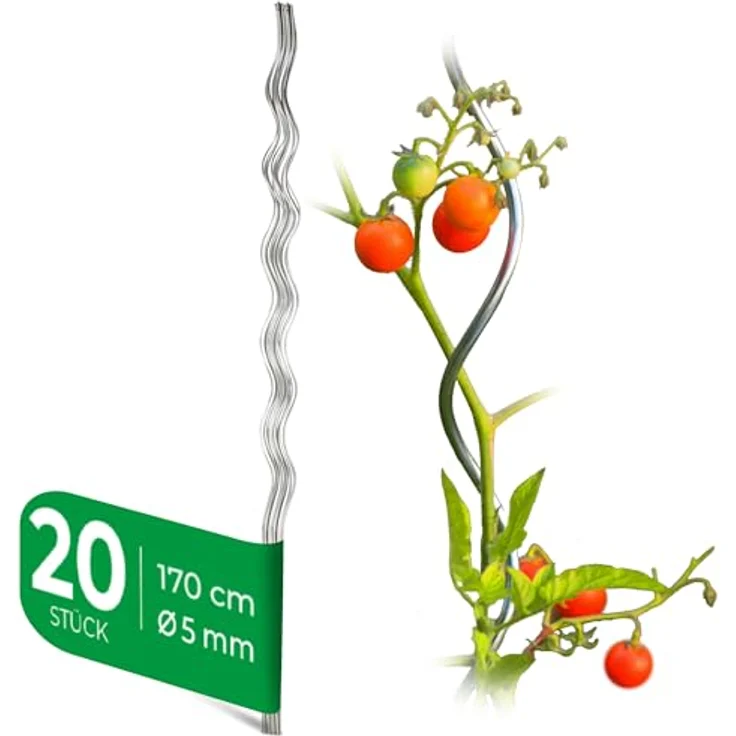 Novatool Tomatenstäbe 20 Stück, 170 cm x 5 mm Ø, spiralförmige Rankhilfe aus verzinktem Stahl für Tomaten und Gurken, wetterfest und korrosionsbeständig – Bild 1
