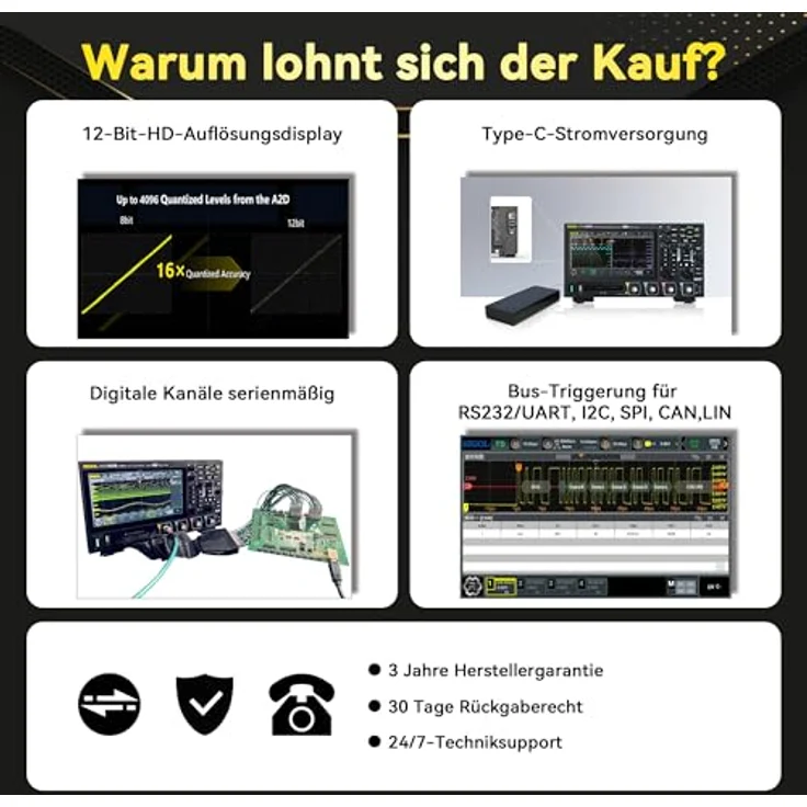 RIGOL DHO924 Tragbares digitales Oszilloskop, 250 MHz Bandbreite, 4 analoge und 16 digitale Kanäle, 12 Bit Auflösung, Bode-Plot-Analyse, 7 Zoll HD-Touchscreen – Bild 3