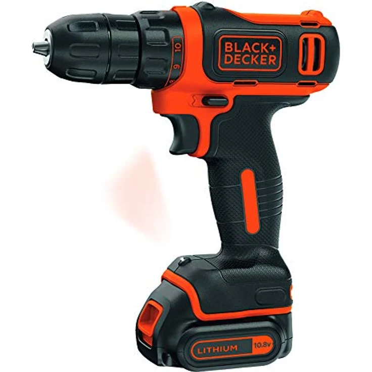 Black+Decker Akku-Bohrschrauber (10.8V 1,5Ah, ultrakompakt & leicht, mit LED-Arbeitsleuchte, Softgriff, 200mA Ladekabel, 2x Akkus, 100tlg. Zubehör, in hochwertigem Koffer) BDCDD12BAFC – Bild 2