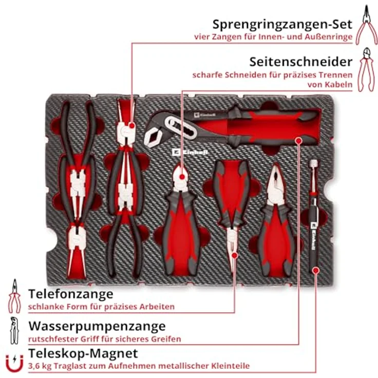 Einhell Pad Zangen 9-tlg. Set, Sprengringzangen, Wasserpumpenzange, Kombizange, Telefonzange, Seitenschneider, Teleskop-Magnet, E-Case-System – Bild 4