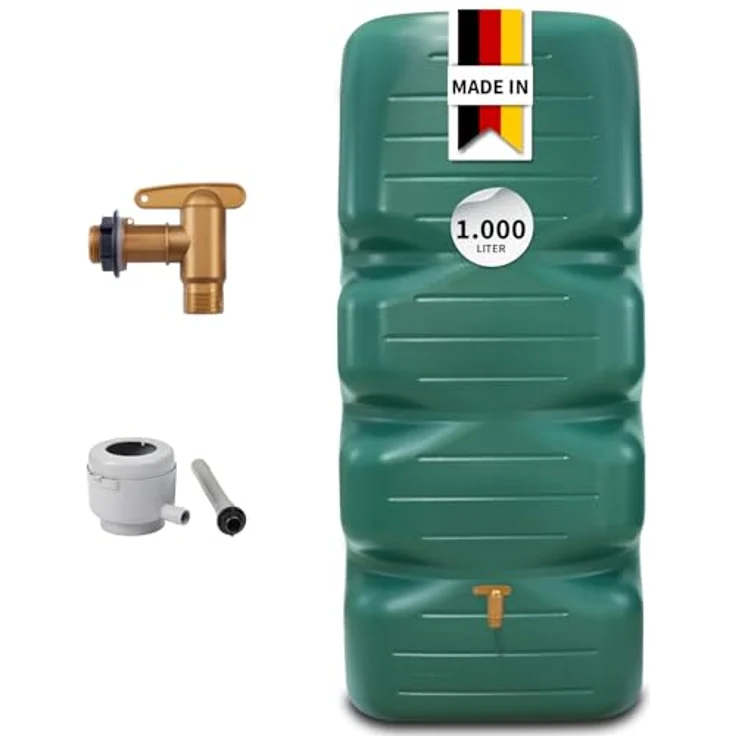 GARANTIA Regentonne CUBUS Komplett-Set 1000 L, dunkelgrün, mit Auslaufhahn und Fallrohrfilter, 1000 l – Bild 1