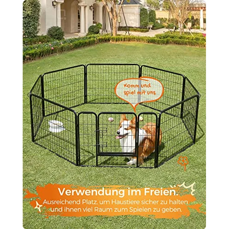 FEANDREA Hundezaun, 8 Platten DIY Hundepark, Doppel-L-Schloss, transportabel, 77 x 60 cm, für Innen, Außen, Terrasse, Hunde, Kaninchen, Hühner, schwarz – Bild 4