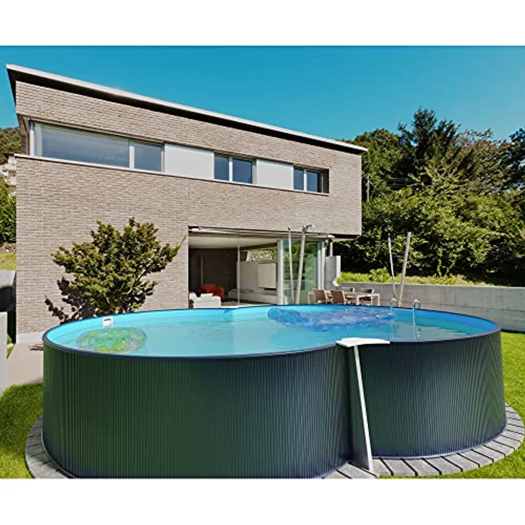Stahlwandpool achtform 470x300x120 cm, Stahl 0,4 mm anthrazit, Folie 0,4 mm blau, Einhängebiese – Bild 2