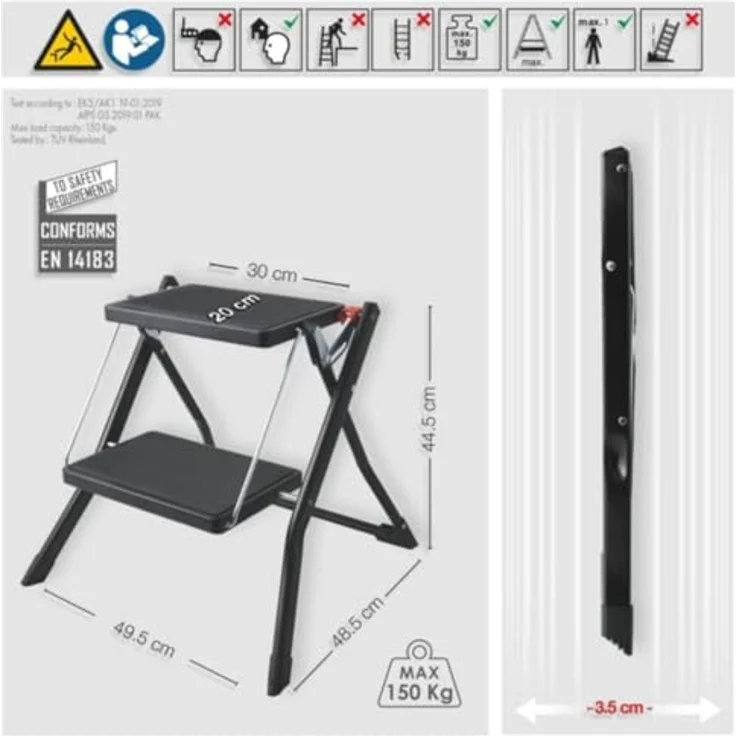Steinbach Trittleiter 2 Stufen, klappbar, schwarz matt, 48,50 cm, rutschfeste Stufen, stabil und leicht – Bild 4