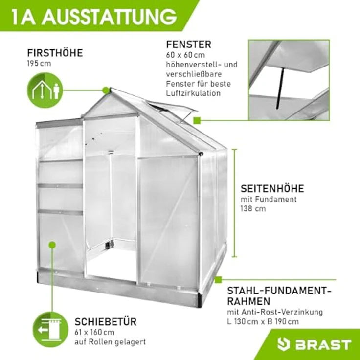 BRAST Gewächshaus Aluminium mit Fundament | 6mm Hohlkammerplatten | rostfrei wetterfest temperaturbeständig | 130x190x195cm Silber – Bild 5