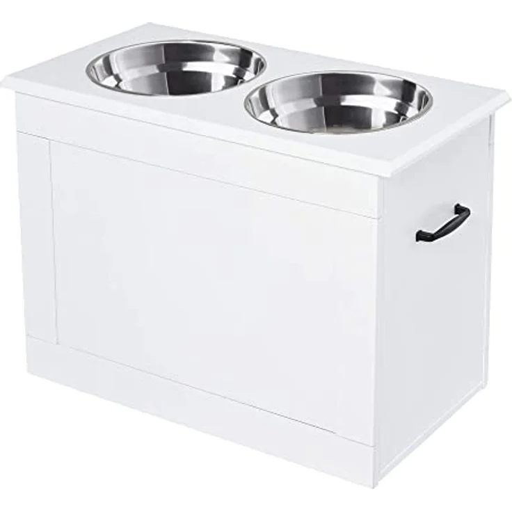 PawHut Hunde Fressnapf mit Staumraum 2 Näpfen Futterstation Edelstahlnapf Katzenapf MDF Edelstahl Weiß 60 x 30 x 41 cm – Bild 1