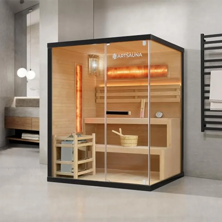 Artsauna Sauna Vantaa 150, BxTxH: 150 x 140 x 190 cm, 5 mm, 2 große Salzsteine, Ambientebeleuchtung, Schwarz/Natur, 3 Personen, 4,5 kW Ofen mit Saunasteinen – Bild 3