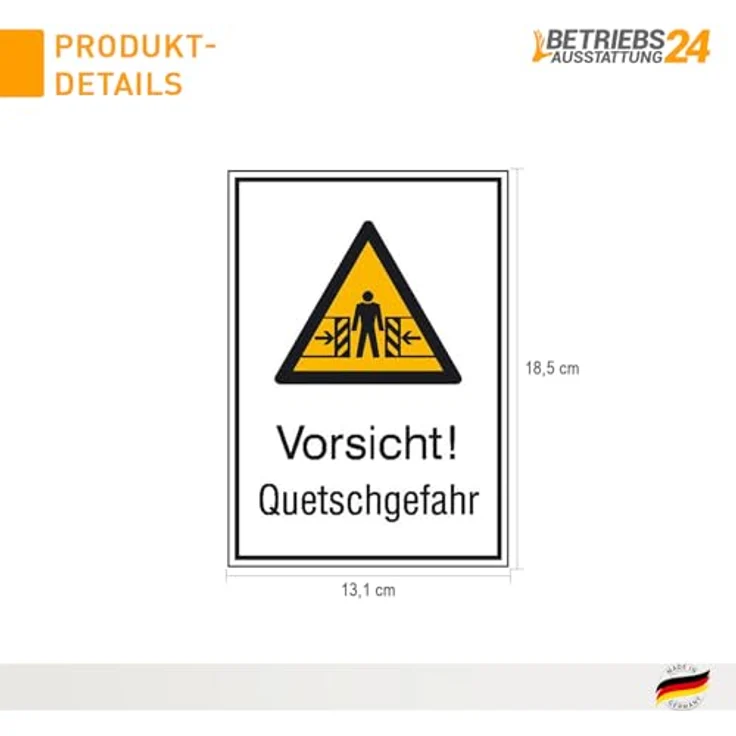 Betriebsausstattung24 Warn-Kombischild „Vorsicht! Quetschgefahr“, selbstklebendes Sicherheitsschild aus Folie, UV- und witterungsbeständig, 13,1 x 18,5 cm – Bild 2