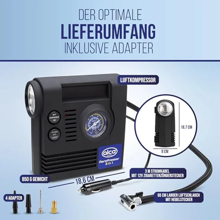 alca® Auto Kompressor mini 3in1 mit Licht, elektrische Luftpumpe 12V, 21 bar, Zigarettenanzünder – Bild 3