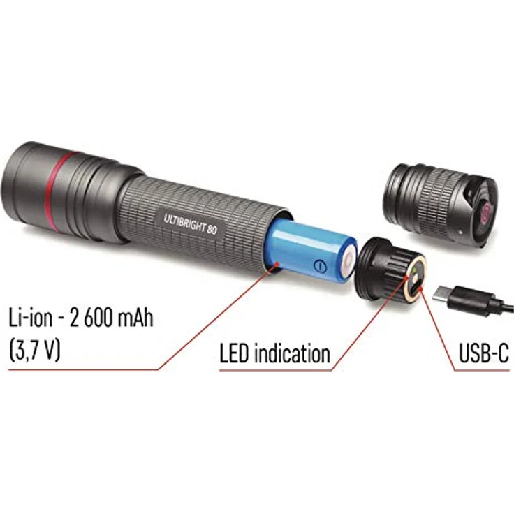 EMOS aufladbare Metall-Taschenlampe mit Fokus, superhelle 600 lm CREE-LED taktische Handlampe mit 230 m Leuchtweite, wasserdichte Akku-Handlampe mit 3 Lichtmodi, Band und Beutel, schwarz, ULTIBRIGHT – Bild 3