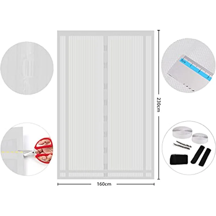 Sekey Magnet Fliegengitter Balkontür ohne Bohren Zuschneidbar, Türvorhang Fliegenschutz, Insektenschutz Tür Vorhang mit Verbreitertem Klebeband 160x230cm, Weiß – Bild 2
