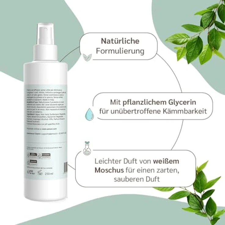 Amusi Fellpflege Hund Entfilzungsspray, hypoallergene Formel auf Pflanzenölbasis, 250 ml, Fellspray mit antistatischer Wirkung für alle Felltypen – Bild 2