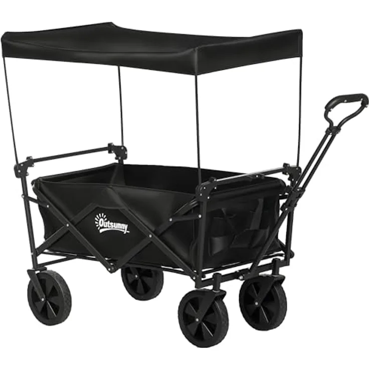 Outsunny Bollerwagen Faltbar, Transportwagen mit Sonnendach und Tragetasche, bis 100 kg belastbar, schwarz