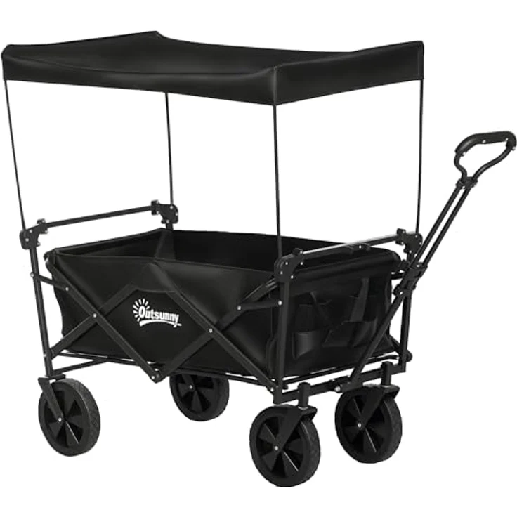 Outsunny Bollerwagen Faltbar, Transportwagen mit Sonnendach und Tragetasche, bis 100 kg belastbar, schwarz – Bild 1
