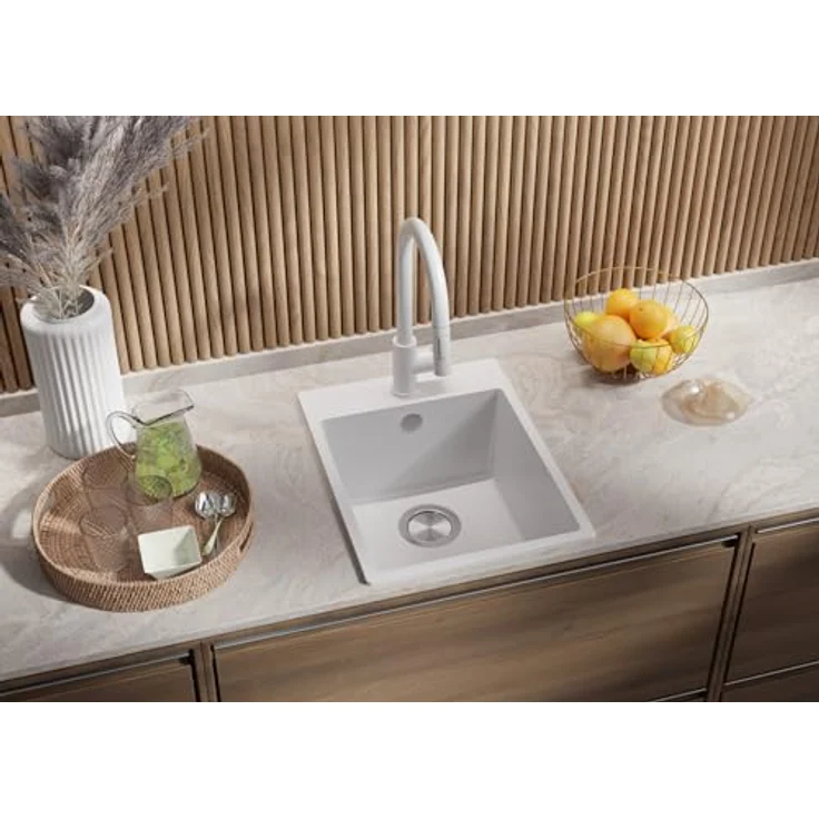 Primagran Spülbecken Riga 40 Weiß 38x50cm, Granitspüle 1 Becken + Ablauf-Set, für 40er Unterschrank - Hitzebeständig, Schmutzabweisend, Minimalistisches Design – Bild 2