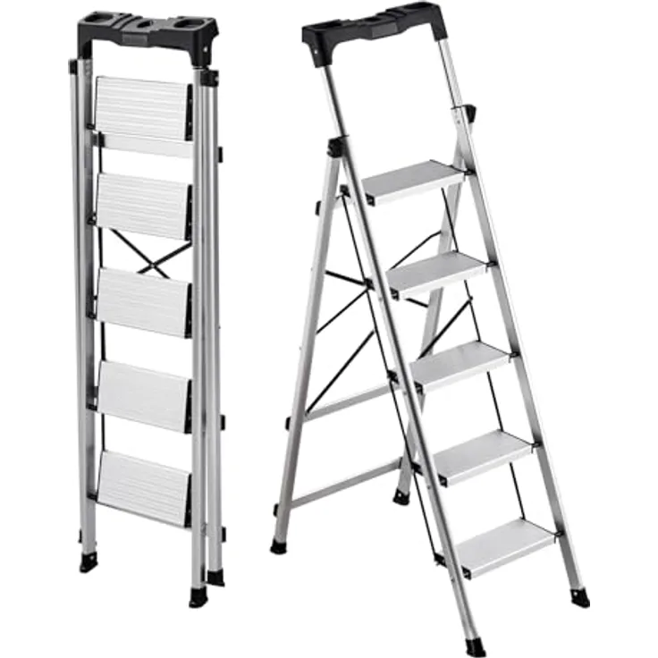 VEVOR Trittleiter 5 Stufen, Klappleiter mit Anti-Rutsch-Stufen, 150 kg Tragkraft, Aluminium Sicherheitsleiter mit praktischem Handgriff, Silber