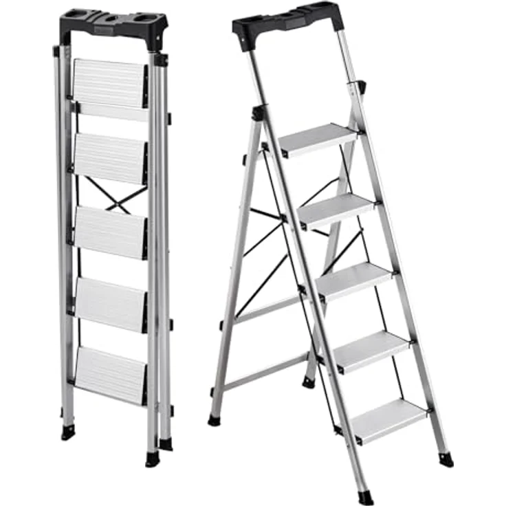 VEVOR Trittleiter 5 Stufen, Klappleiter mit Anti-Rutsch-Stufen, 150 kg Tragkraft, Aluminium Sicherheitsleiter mit praktischem Handgriff, Silber – Bild 1