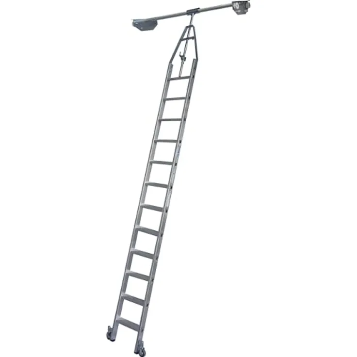 Kaiserkraft Stufen-Regalleiter mit Kopffahrwerk, 320 cm, für Doppelregale, 12 Stufen, hohe Stabilität, 80 mm tiefe Stufen