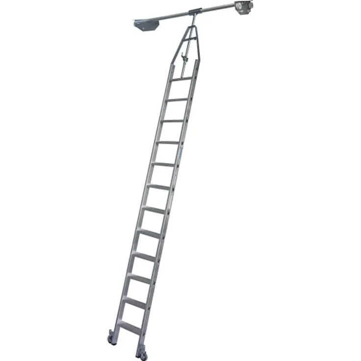 Kaiserkraft Stufen-Regalleiter mit Kopffahrwerk, 320 cm, für Doppelregale, 12 Stufen, hohe Stabilität, 80 mm tiefe Stufen – Bild 1