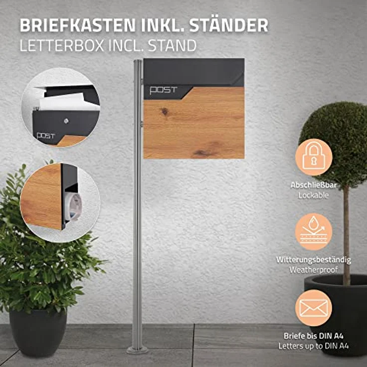 ECD Germany Standbriefkasten mit Zeitungsfach, Design Briefkasten mit Pfosten, Briefkastenanlage, Briefkastenständer Silber 120 cm Edelstahl, Postkasten Anthrazit-Holzoptik Edelstahl pulverbechichtet – Bild 2