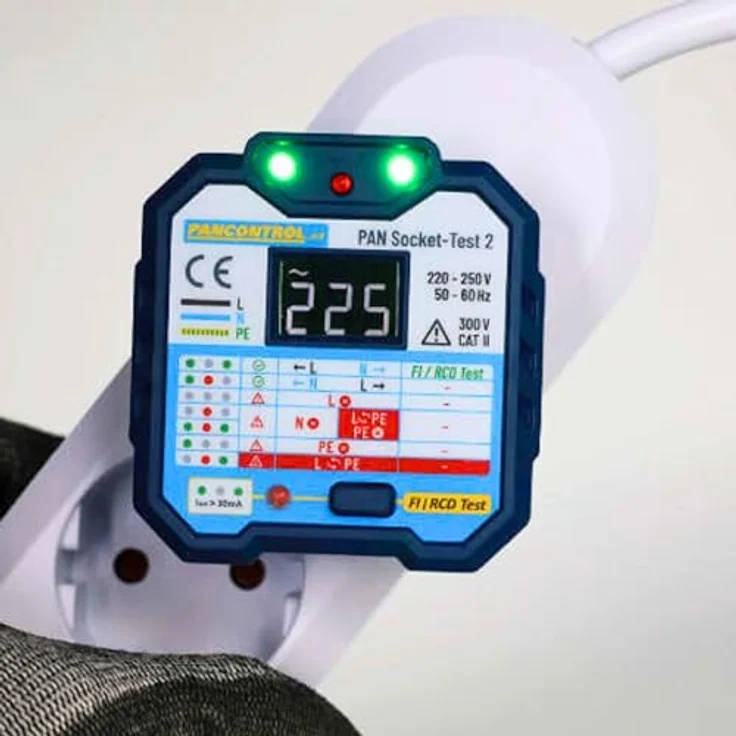 Pancontrol Spannungsprüfer PAN Schukotest FI Steckdosenprüfer CAT II 600V, Grüne und rote LEDs, FI-Test 30mA, CAT II 600V, keine Batterie erforderlich, 220V - 250V Wechselspannung AC, 56g, schwarz – Bild 3