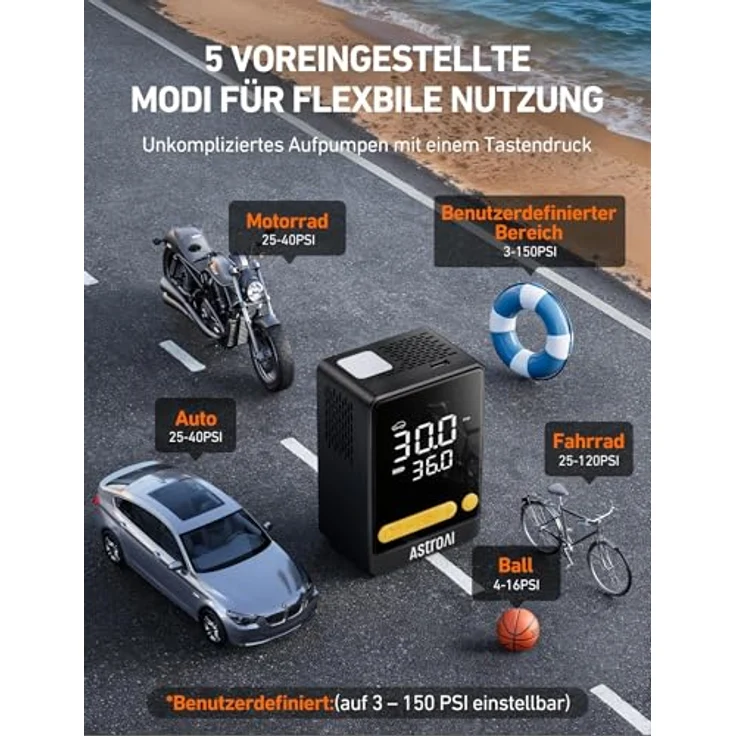 AstroAI L10, Elektrische Luftpumpe mit 150 PSI, kabellos, 5 voreingestellte Modi, kompakt und tragbar mit LED-Hintergrundbeleuchtung – Bild 4