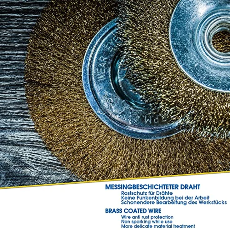 S&R Drahtbürsten Set 7-teilig, Stahldraht vermessingt, Rundschaft 6mm, Scheibenbürsten 38-100 mm, Topfbürste 75 mm, Pinselbürste 25 mm, Rohrbürste – Bild 4