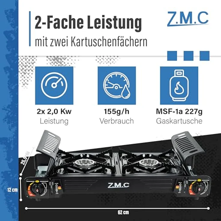 Z.M.C PREMIUM Camping Gaskocher 2-flammig + Grillplatte 45x24 cm + 8 Gaskartuschen 227g, mit Zündsicherung und Piezozündung, für Outdoor und Innenraum, Balkon Doppelgaskocher – Bild 4