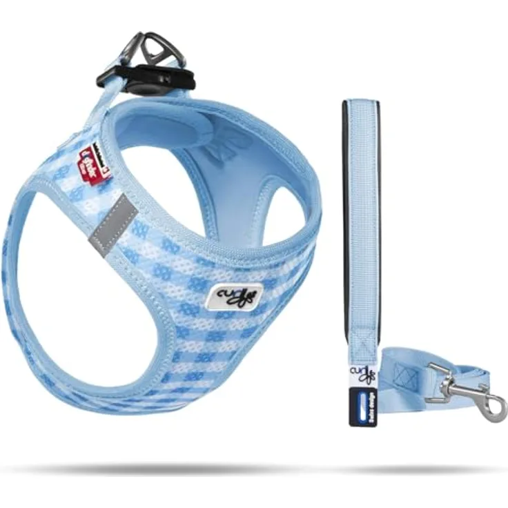 Curli Vest Harness Air-Mesh Skyblue-Caro XS & Leash M - Ergonomisches Hundegeschirr und Leine Set mit ID-Sicherheit und Reflektoren