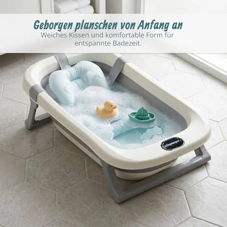 Relaxdays Babybadewanne Klappbar, Kunststoff Cremeweiß Grau, Rutschfest mit Kissen, 20 cm x 78 cm x 50 cm – Bild 2