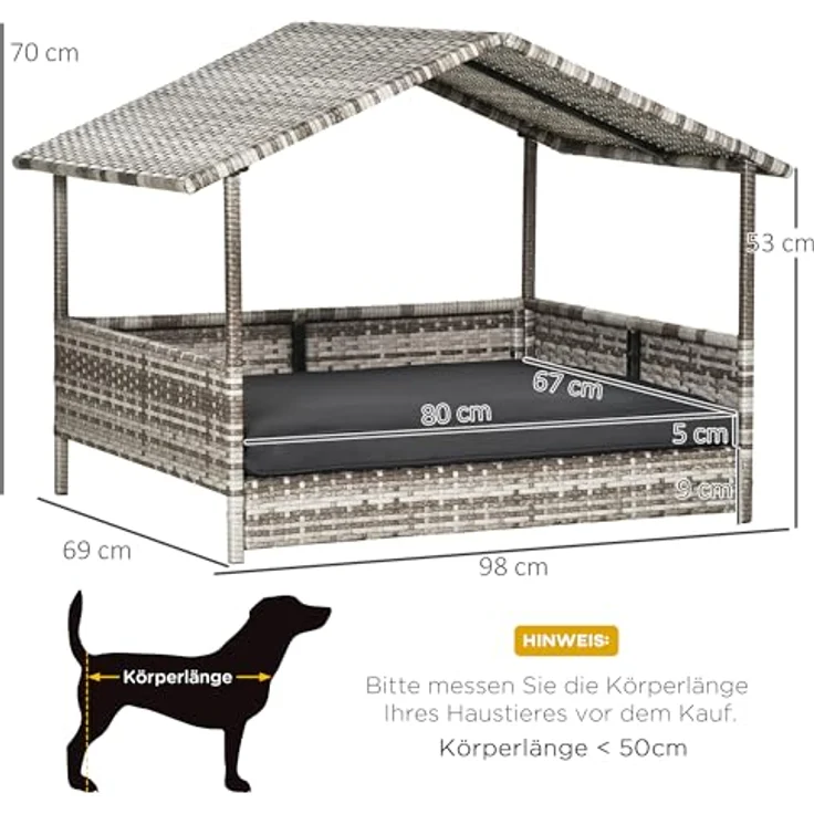 PawHut Rattan Hundehaus mit Kissen, Hundebett im Hausform, Outdoor Hundehütte für kleine, mittlere Hunde, Stahlrahmen, Grau, 69 x 98 x 70 cm - Preisvergleich – Bild 5