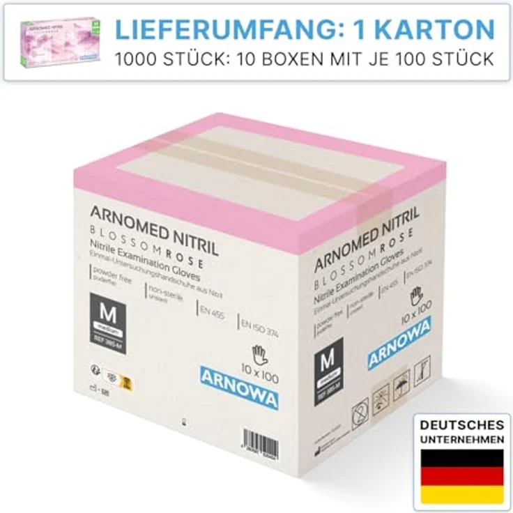 ARNOMED Einweghandschuhe Rosa, 1000 Stück (10x100), Nitril, puderfrei, M, hautfreundlich, für Pflege und Kosmetik – Bild 2