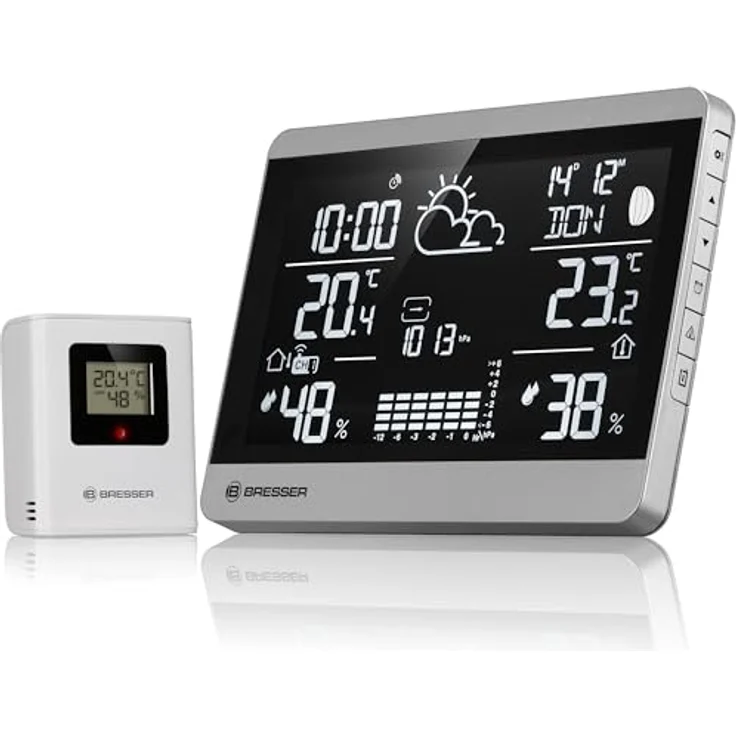Bresser Funk-Wetterstation ClimateTemp NDH-NEO, Außensensor, Temperatur- und Luftfeuchtigkeitsanzeige, Wettervorhersage, Frostwarnung, Querformat, Silber/schwarz – Bild 1