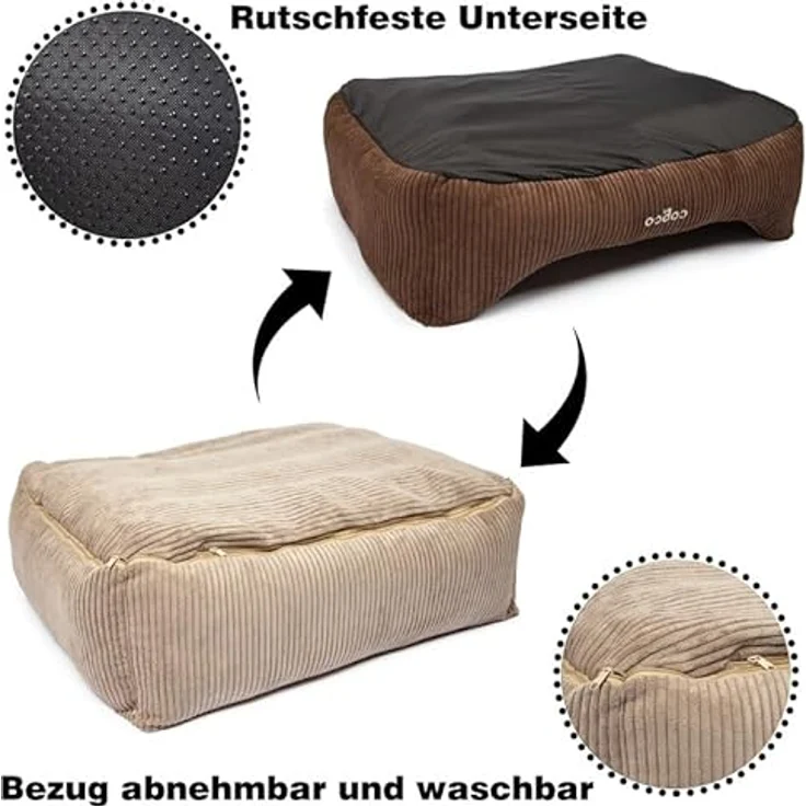 CopcoPet Orthopädisches Hundebett Kyra in Cord Stoff S 70x55cm Braun/Beige - Viskose Hundekissen mit waschbarem Bezug & erhöhten Rändern – Bild 3